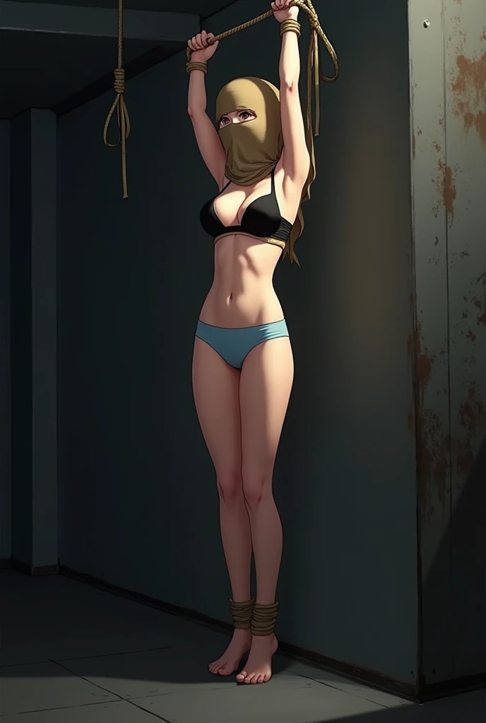 sekijou sawako, , bondage, brown sack covering whole head, arms up, stripped, best quality, ultra-detailed, high resolution, extremely detailed cg, unity 8k wallpaper, masterpiece, perfect skinny body, anime picture, femsub, BDSM, light blanty, black bra, breasts, at night, stanark room, Sekijou Sawako, gym storeroom, tied up wrist together above hed up ankle, ropes, suspension ropeeiling, standing nearby wall, bracing,