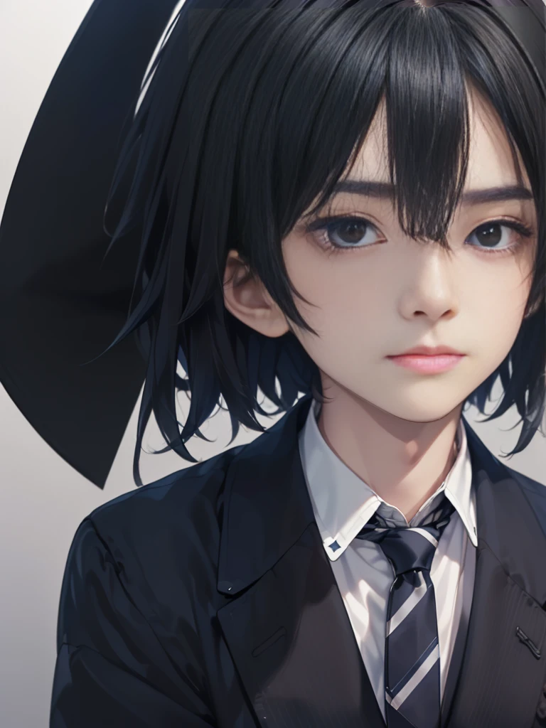 Masterpiece,best quality,独奏, 1 Japanese boy, 20 years old,(tall and thin,sleepy droopy eyes, long face, (thin cheeks:1.2),(black shaggy short hair:1.4),(Black tailored jacket, white shirt, navy blue striped tie:1.3),(Close-up of serious face:1.3),(Background is a university campus:1.5),looking at the camera