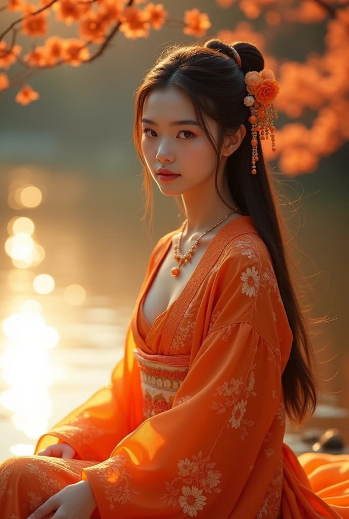 8K, UHD, masterpeiece,best quality, 1 girl, detailed face, detailed eyes, very long hair, long straight hair,breasts, very detailed dress, kimono costume, orange costume, ((orange lace)), sardine, flowing sardine, jwellery, earring, ornaments, flower, evening, lake, water, sunset, depth of field, glowing light, god rays, reflection light, bloom, looking at viewer, sitting,