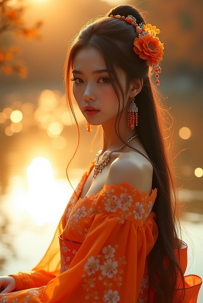 8K, UHD, masterpeiece,best quality, 1 girl, detailed face, detailed eyes, very long hair, long straight hair,breasts, very detailed dress, kimono costume, orange costume, ((orange lace)), sardine, flowing sardine, jwellery, earring, ornaments, flower, evening, lake, water, sunset, depth of field, glowing light, god rays, reflection light, bloom, looking at viewer, sitting,