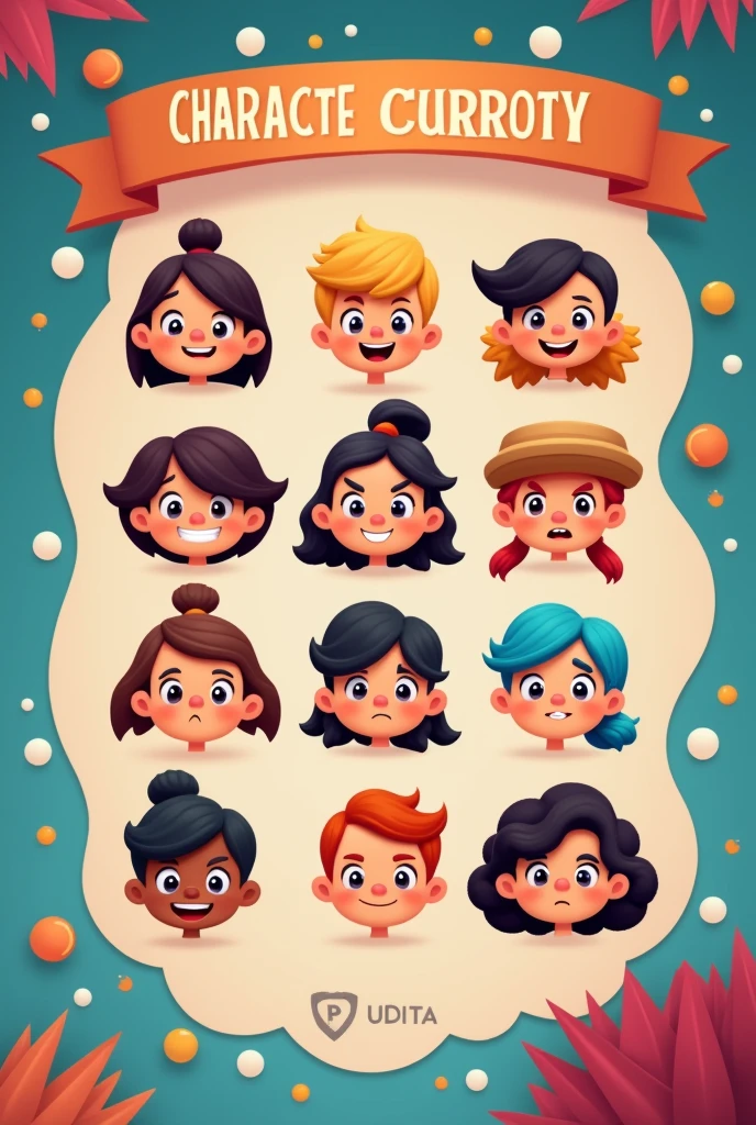 make characters for a 2d game where kids have to choose which character they want to be in the game. Create just the face with the background with any of these character colors: Unripe, maroon, cerulean. Use YouTube Kids skins as inspiration