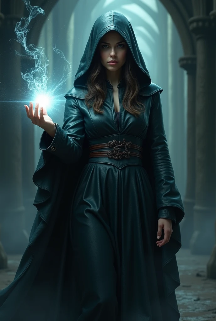 A Woman with a light in her hand and dark energy and has a cloak and dress made of leather