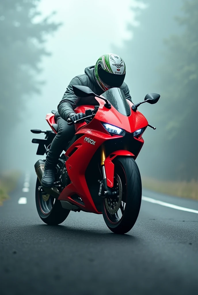 Yamaha R15 version 4 red colour bike with lotof grey and small green helmate on foggy road