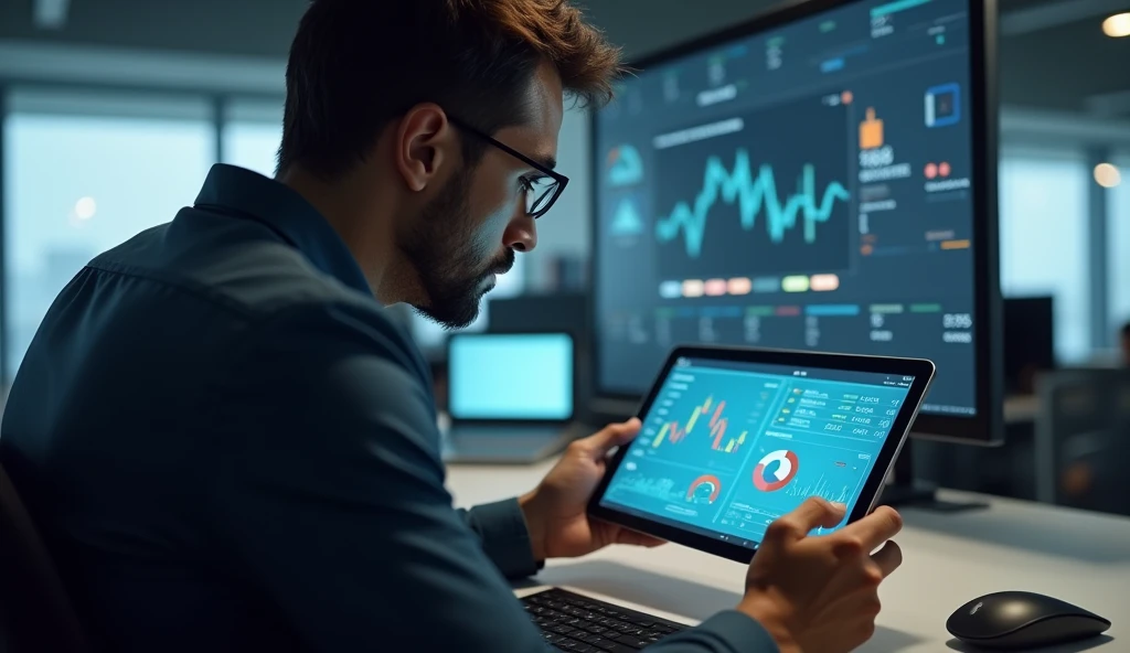 Financial Analyst Analyzing KPI Trends on a Digital Tablet
