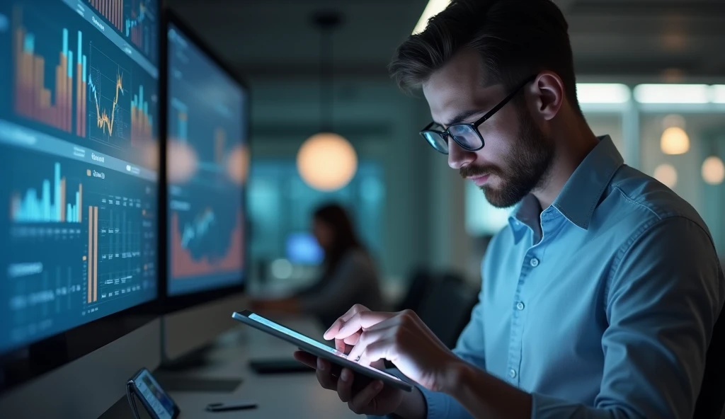 Financial Analyst Analyzing KPI Trends on a Digital Tablet