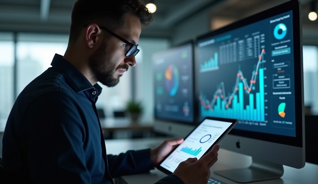Financial Analyst Analyzing KPI Trends on a Digital Tablet