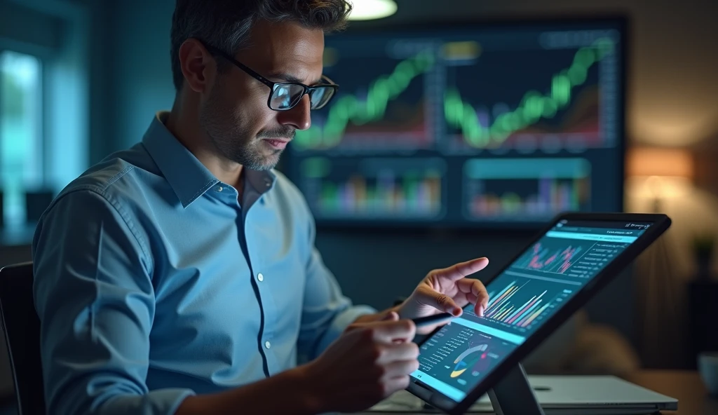 Financial Analyst Analyzing KPI Trends on a Digital Tablet