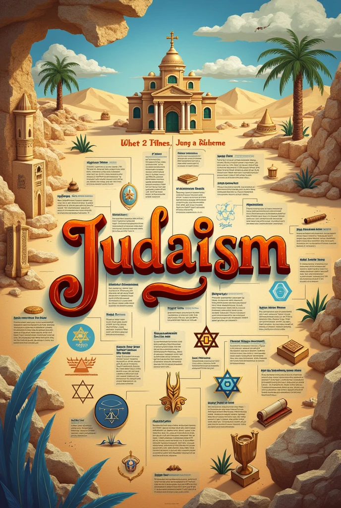 created a mind map image about Judaism with the symbols,and in the middle written Judaisms in letters from the region of Canaan and Judea, in addition to providing information about this religion, the image has to be horizontal