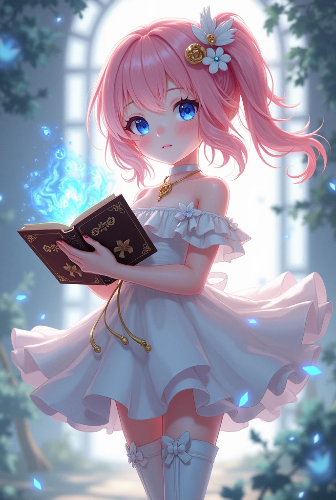A girl with loose pink hair with a blonde streak, with diamond blue eyes, with white basic flower pupils, with a white dress with bows, long white boots, holding a magic book in the style of genshin impact