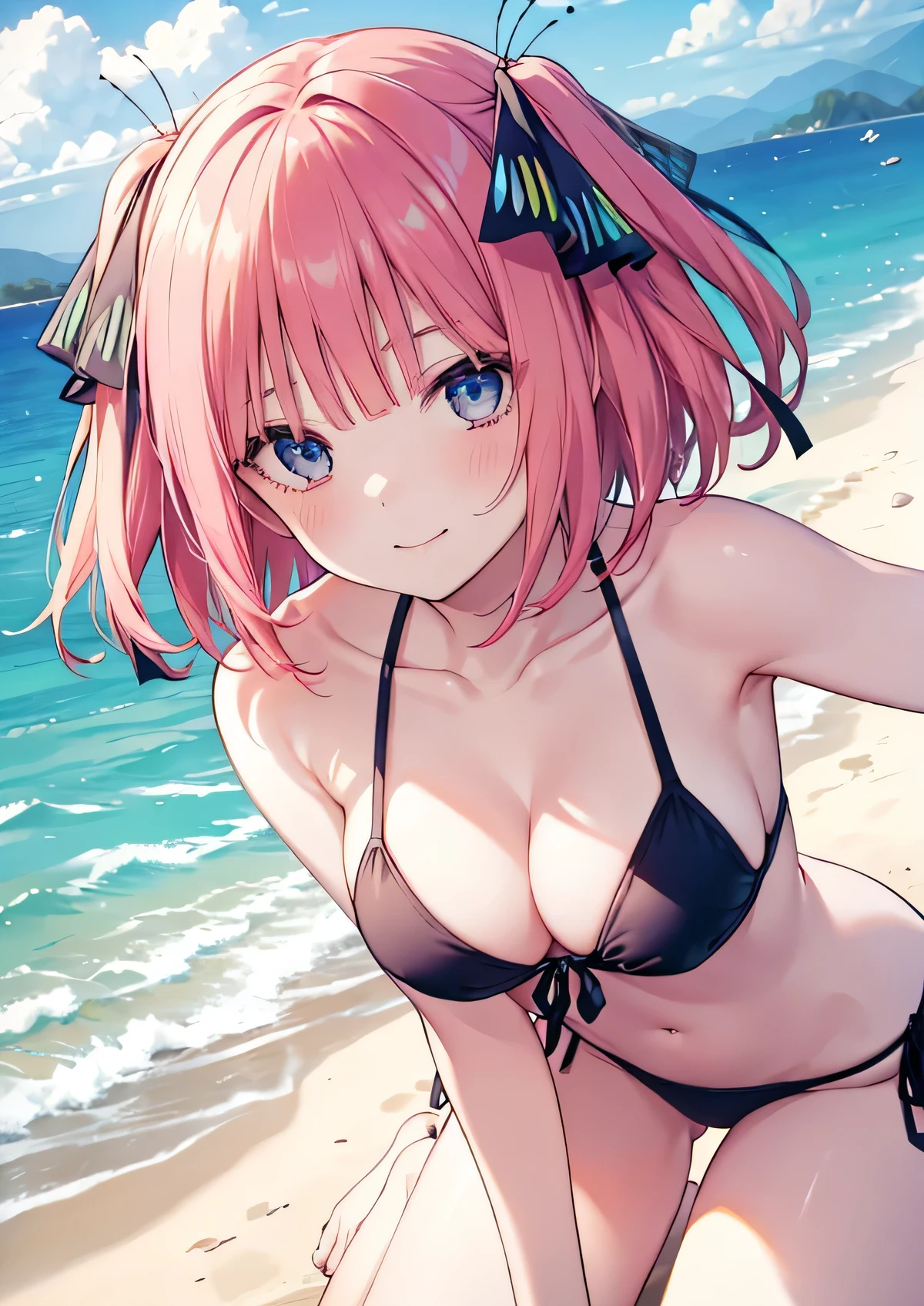 Nino Nakano is a character that appears in the anime "The Quintessential Quintuplets" 「The background is a sunny day at the sandy beach...」The eyes of this character are blue. My hairstyle is a bob cut with shockingpink color. This character is wearing a butterfly hair accessory. Please focus on this character. This character has a very lovely smile.high Quality. .. masterpiece,best quality,ultra detailed, My breast size is D cup. The background is a sunny day at the sandy beach. This character is wearing Gingham-print-bikini.{ The color of this Micro bikini is very pink. } . Additionally, a glimpse of cleavage can be seen.
{bust-up shot}{High Resolution}{BestQuality}
{This character is facing forward and slightly leaning forward.}
(high angle shot)
{ This character is lying on the beach.}