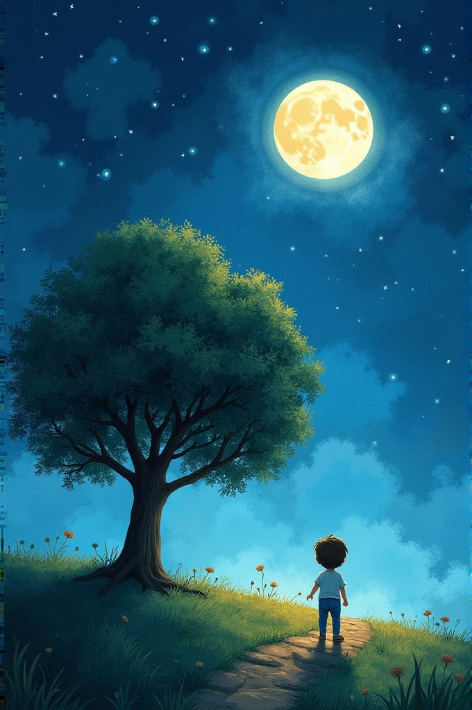 Illustrate a beautiful, starry night with the moon glowing brightly. A child is shown walking home from the oak tree, looking content and feeling comforted by the moon’s light. Make this a children's book art style. The lighting must be soft. Similar to a watercolor style painting.