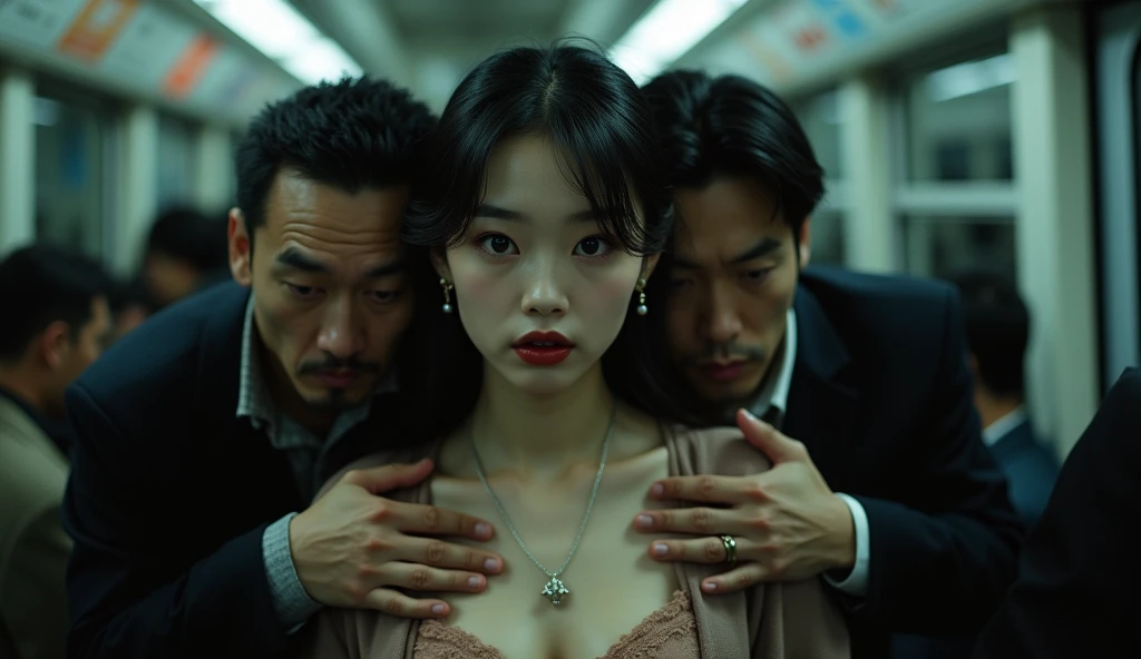 (32K:1.9, Horror depictions:1.9, Highest quality, masterpiece, Ultra-high resolution, Professional random angle camera work:1.5, Very detailedな肌と顔の質感:1.4), Always accurate, Very detailed, bag, (Cute Japanese Woman, Camisole dress and cardigan:1.6, Incredibly slim body:1.3, areola is not visible:1.4, Big breasts on the verge of collapse), ((Crowded train:2.0, Crazy behavior:1.9, in the train、Two middle-aged men hugging a woman from behind:1.7)), belt, Fair skin, elegant, sense of cleanliness, Thin eyebrows, (cry:1.0, Puzzled:1.0, A look that shows deep contempt for you:1.0, Big eyes that exude beautiful eroticism:0.4, Open your mouth a little, lipstick, Feel the beautiful eroticism:1.0, Dark brown medium hair), Earrings, necklace, bracelet, romantic, mysterious, Object of admiration, original, dramatic, artistic, Innovative, charm, Heartful, Fancy, Tilt, sense of loss, special, ((exciting, Extreme, sense of openness, suffering, sufferingの表現)), ((Mistakes of Youth, 女性的なcharm))