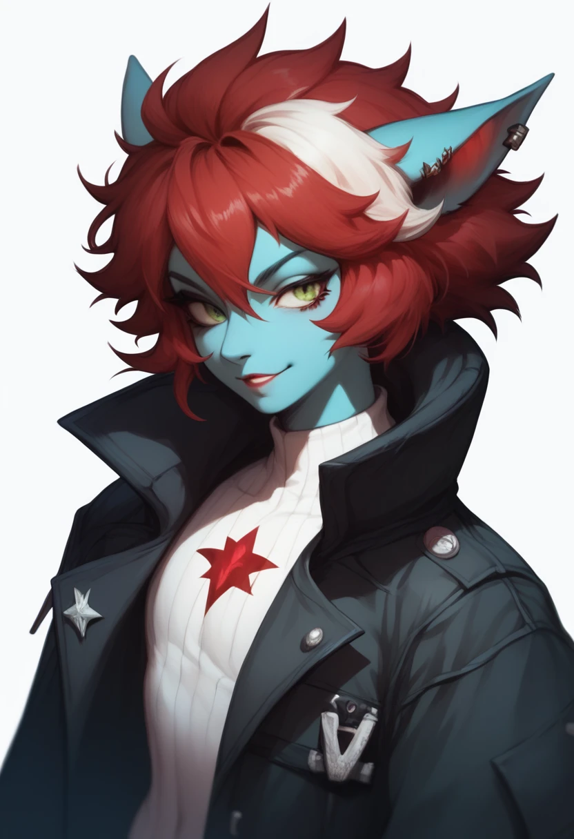 Oc,na’vi, a alien blue skin skinny buff femboy man wearing black trench-coat with a red mark on the bust,red hair,thick, in an 90’s style. He’s androgynous , fullbody,including some weapons and a sensual , cool expression.The scene has a cool,sweet,stargate/Bill Sienkiewiczy/Planescape Torment style and a vibrant tone. Modern urban setting in the background.