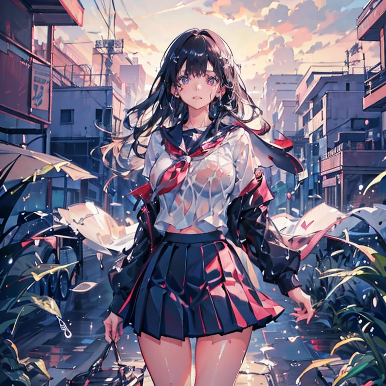 Anime Waifu beautiful detailed eyes, beautiful detailed lips, extremely detailed eyes and face, longeyelashes, 1girl, sensual, young woman, medium breasts, beautiful feminine face, nice thighs, slim, sexy, erotic, beautiful clothes, perfect body, cinematic lighting and framing, (best quality,4k,8k,highres,masterpiece:1.2),ultra-detailed,digital painting,portrait,glamorous,highly detailed,soft lighting,warm color tones , (beautiful girl: 1.3),1girl,masterpiece, Highest quality, Ultra-high resolution,rich contrast,super high quality,8k,Highly detailed CG unit wallpaper,texture,Incredibly absurd,Ultra-high resolution,RAW Photos,Depth of Field 1.2,overlooking,(magnificent panorama view:1.3),(High School Uniform&Pleated skirt:1.5),Black Hair,Crown braid,Ultra-detailed eyes,(sensuous),Glowing Skin,loafers,leaves dripping with rain,sunlight through trees,post-rain aroma,Her jacket is open and her breasts are exposed,blush,Sigh,look up,(((Wet))),((Large Breasts)),After the Rain,pencil drawing