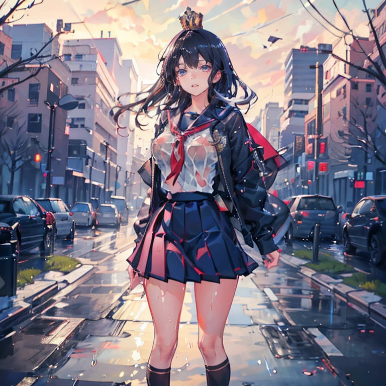 Anime Waifu beautiful detailed eyes, beautiful detailed lips, extremely detailed eyes and face, longeyelashes, 1girl, sensual, young woman, medium breasts, beautiful feminine face, nice thighs, slim, sexy, erotic, beautiful clothes, perfect body, cinematic lighting and framing, (best quality,4k,8k,highres,masterpiece:1.2),ultra-detailed,digital painting,portrait,glamorous,highly detailed,soft lighting,warm color tones , (beautiful girl: 1.3),1girl,masterpiece, Highest quality, Ultra-high resolution,rich contrast,super high quality,8k,Highly detailed CG unit wallpaper,texture,Incredibly absurd,Ultra-high resolution,RAW Photos,Depth of Field 1.2,overlooking,(magnificent panorama view:1.3),(High School Uniform&Pleated skirt:1.5),Black Hair,Crown braid,Ultra-detailed eyes,(sensuous),Glowing Skin,loafers,leaves dripping with rain,sunlight through trees,post-rain aroma,Her jacket is open and her breasts are exposed,blush,Sigh,look up,(((Wet))),((Large Breasts)),After the Rain,pencil drawing