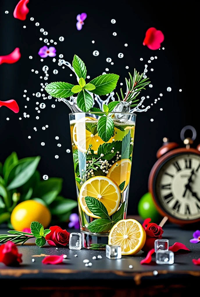 (Movie-like photos:1.3) of (Realistic:1.3) a studio shot of a (explode:0.2) (Low gravity of fruit:1.1) (Splash:0.9) A glass of water with lots of herbs, ミントとbasilとrosemary、Contains lemon and lime, Splash Image, Full Color, In Kamba, splashes of liquid, Drink, Mint and basil and flower, Next to lemon and lime and flower, Strong colors, ticker, Invoking joy, Water swirls, Fred Marcellin, Top selection when splash is removed, professional food photography, Artistic photography. Black background,Red and purple flowers on the table、basil、rosemary、Herbs fly、Sparkling ice in a glass,Ice in a glass、Flowers in a glass,Fantasy,steampunk、A retro clock is beside it,The ice is round、Rose petals fluttering、splash、No orange,
