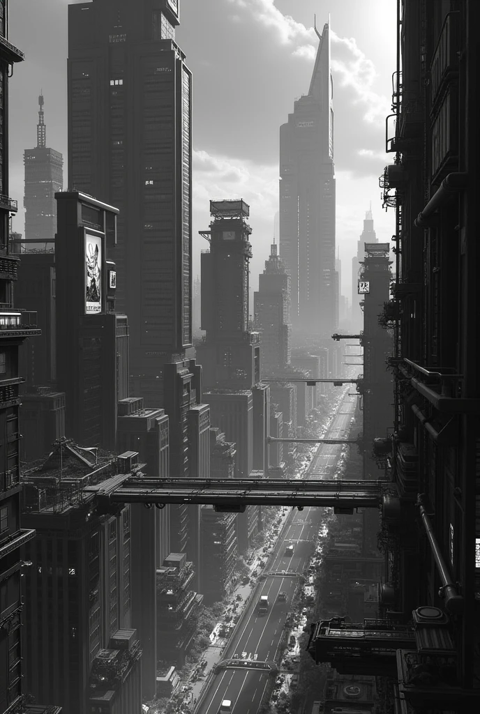 Black and white image of futuristic Tokyo