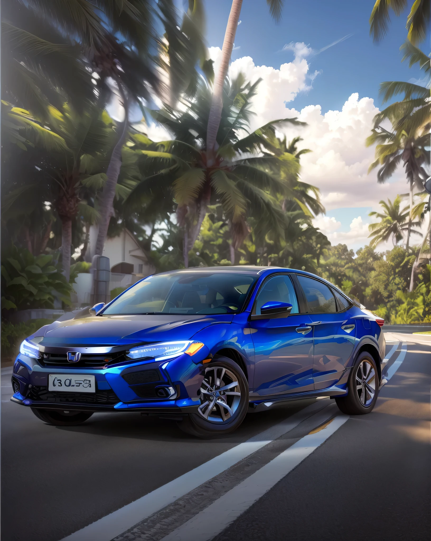Side view of a car driving on a road lined with palm trees, , Vehicle Photography, Blue sky and white clouds，The car should have a streamlined design and a glossy finish，honda civic，At the same time, the vehicle&#39;s trajectory and the palm leaves swaying in the wind add a sense of dynamism to the picture.，The whole scene should create a peaceful atmosphere，At the same time, the metal texture of the vehicle should be highlighted in details、The texture of the palm trees and the grain of the road。"