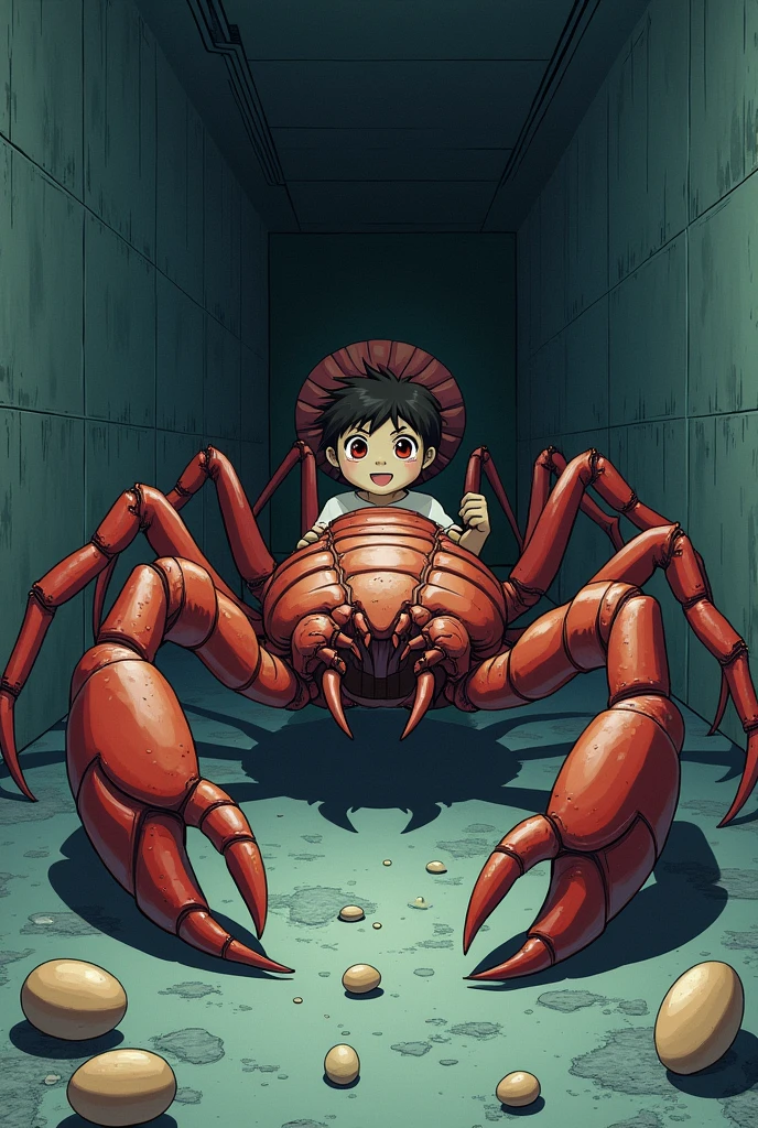 A boy's lower_body is transformed into a scorpion(Japanese anime style)（drider）(student costume)(eight legs)(entire spider_body)(red eyes)（basement）(eggs on floor)