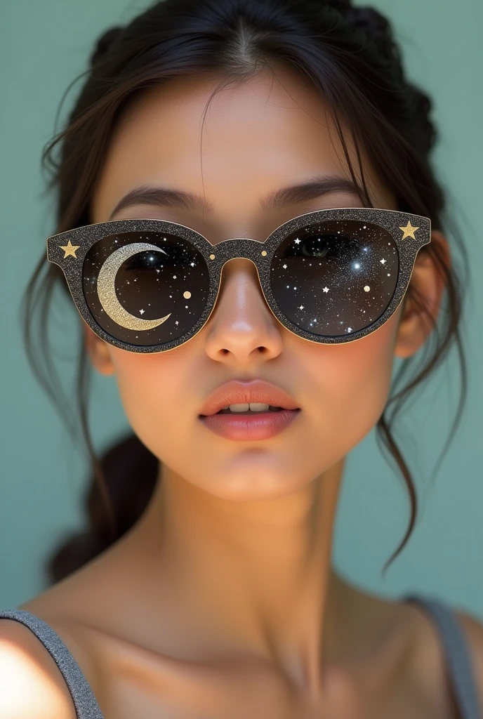 The model is wearing glass sunglasses with stars and the moon on the glass
