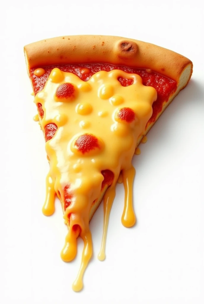 drawing of a slice of pizza, cheese melting and spilling over the edges with a white background,