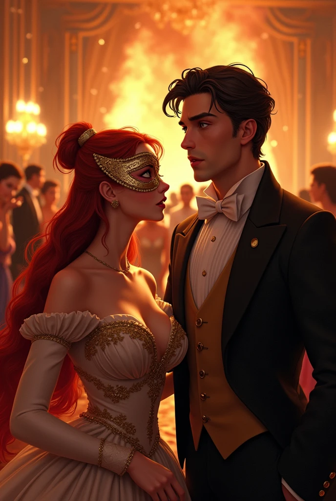 While everyone is dancing at the ball, a fire suddenly starts. Everyone, especially the red-haired princess wearing a mask and the dark-haired and handsome prince, look around in fear and are very scared, very scared and surprised.