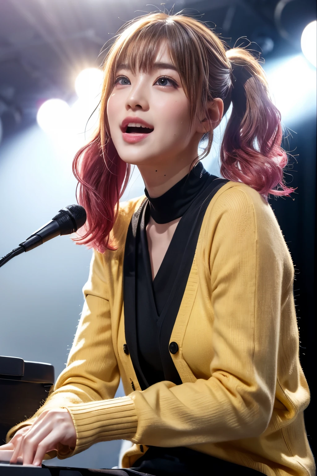 realistic, singing while playing the piano, on the stage of the concert, brightly lit by spotlights on the stage, extremely bright lighting, singing emotinally, wearing yellow cardigan over the white school shirt, wearing a dark red tie, mediuam-length light yellow and light pink hair, high pigtails hairstyle, hair is blowing in the wind, hair is shaggy and dishevelled, beautiful white-colored translucent skin, sweat splashes, slendar figure, natural makeup, small nose, smooth shaped jawline, glossy face, heavy flushed cheeks, big smile, close up shot