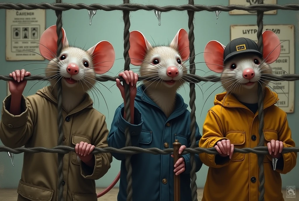 Several rats trapped, Behind the grid, working on a work routine, with a street sweeper's outfit, another in a mechanic's outfit and another in a cleaner's outfit, with tears , work card in the background