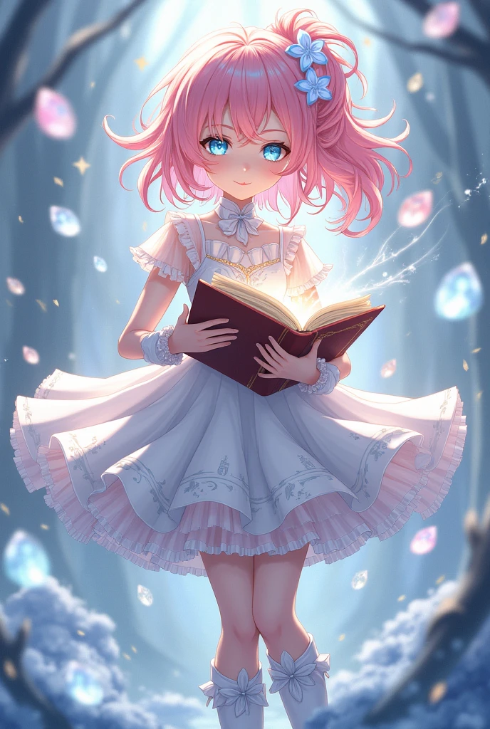 A girl with loose pink hair with a blonde streak, with diamond blue eyes, with white basic flower pupils, with a white dress with bows, long white boots, holding a magic book in the style of genshin impact