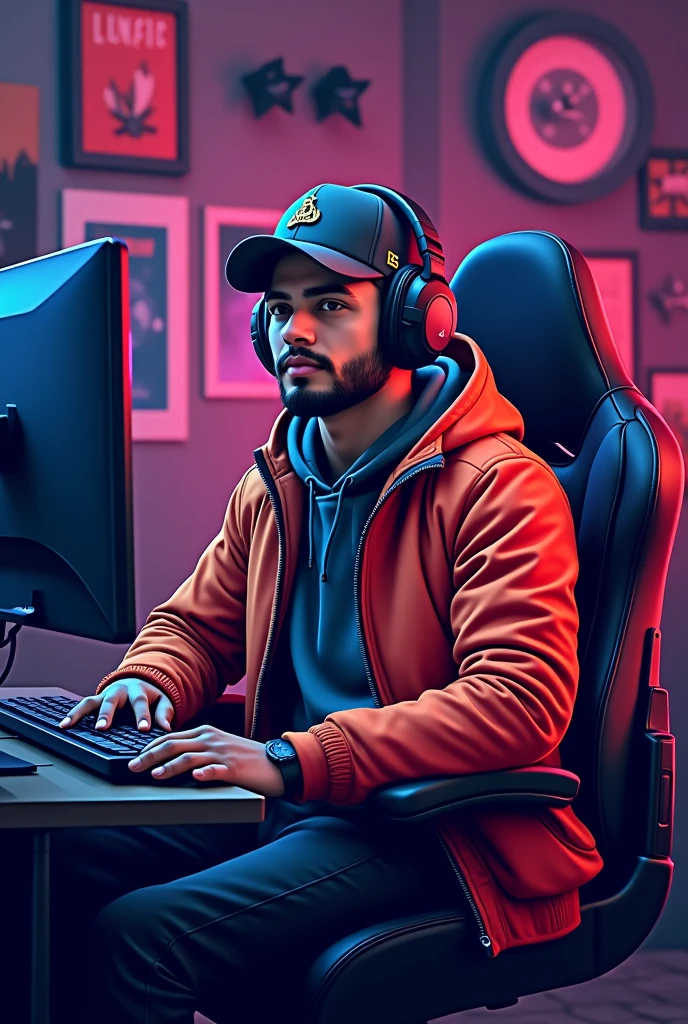 A youtube logo named "ARUNAKANTI GAMING" , a very smart young gamer  age 25, with hat and nice game like cloths, some mix colored background, some kinds of weapon used in gameplay, half body , with gaming headphones, seated in a gaming chair,  waring colord jacket , in front of gaming desktop