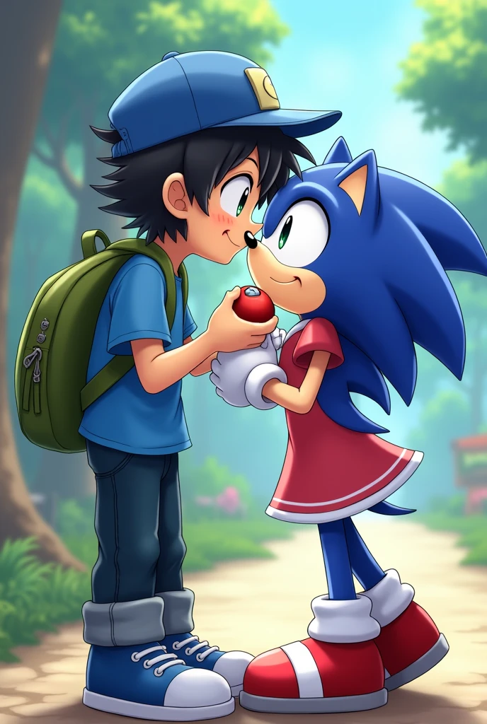 A boy with a blue shirt, a dark green backpack, dark blue jeans, blue tennis shoes, straight messy black hair, black eyes, white skin, straight messy black hair, a blue cap and holds a pokeball in one hand and is anime kissing Amy from Sonic