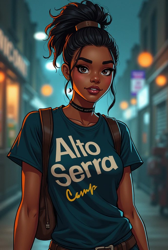 dc comics style 20 year old black woman with styled hair and undercut with black eyes she is happy and spontaneous kind of lesbian she is also very sporty, excellent swimmer wearing a summer camp t-shirt that says Alto da Serra kind of dark academia dc comics style dc comics style