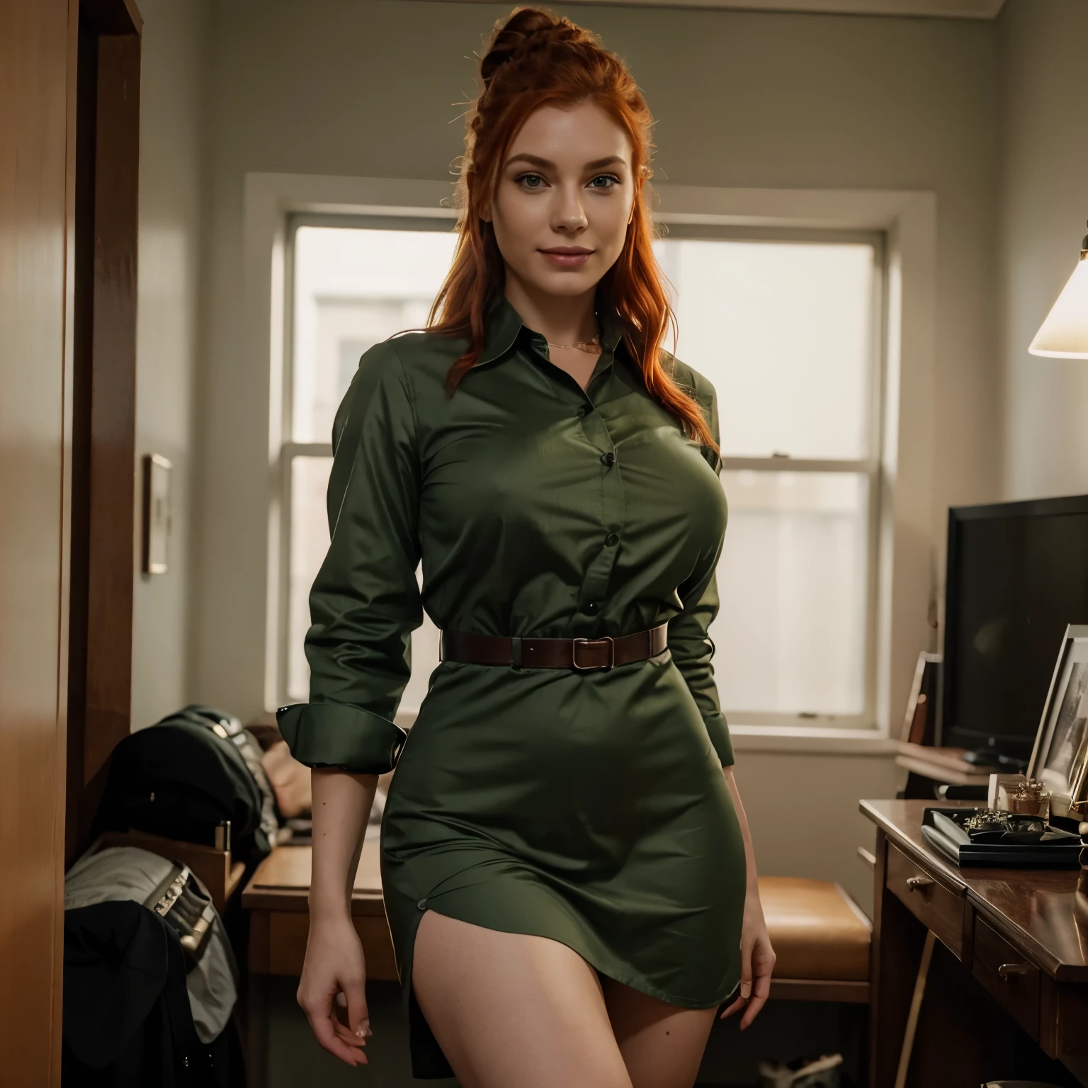 illuminated front, facing the camera, 3x4 photo, woman WEARING CRIMINAL INVESTIGATOR'S CLOTHES ((moss green brazer, dress shirt, dress pants)), redheaded woman from the front looking at the camera, strong pose, empowered redheaded woman, redheaded businesswoman , white redheaded woman, orange red hair, wavy red hair, big breasts, hair tossed to the left side, hair combed, beautiful hair and bun, wearing criminal investigator outfit, art, best quality, (photorealistic: 1.4), chic makeup, golden accessories, jewelry, realistic, cinematic lighting, beautiful woman, smile, SERIOUS expression, lips with lipstick, smiling smile, slim, 2, 8k, 8k extremely detailed), (an extremely detailed, delicate and beautiful image) , (masterpiece), (best quality: 1.0), (ultra high resolution: 1.0)
