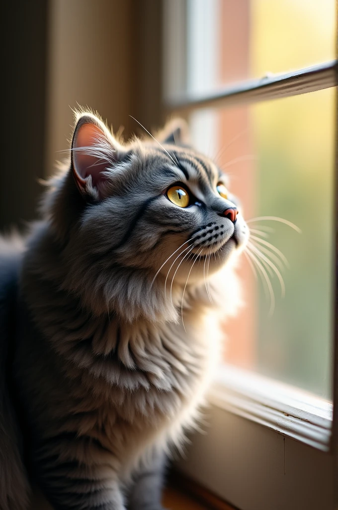 Close-up of Bella, the fluffy gray cat, gazing intently at an open window with a curious expression. The sun shines brightly through the window."