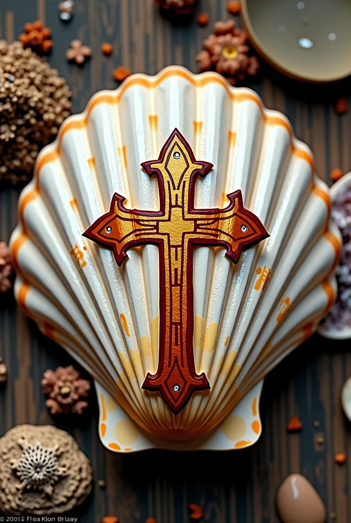 Scallop shell painted with the Franciscan Order logo