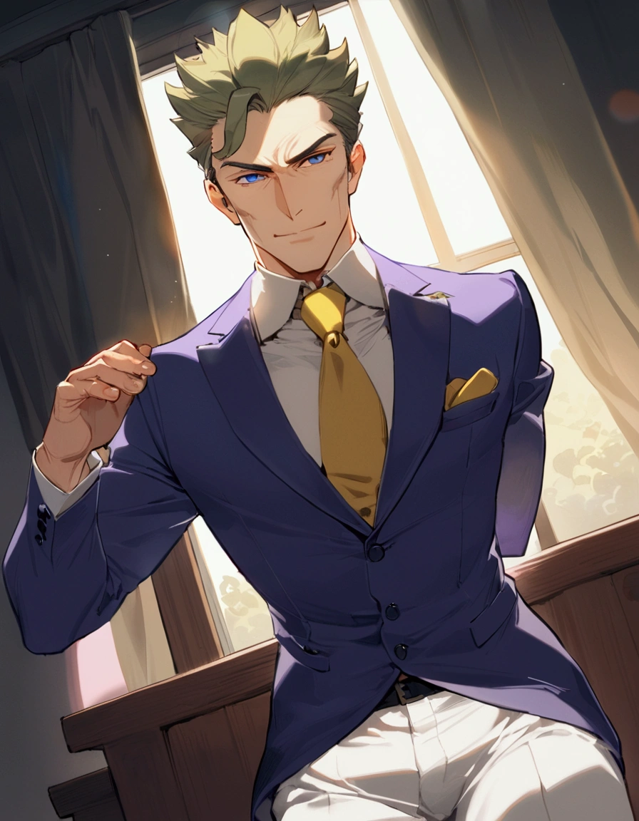 1man, (mature father in hentai anime style, dandy president, olive hair), darkblue eyes, arafed businessman hairstyle, spiked hair slicked back, ideal ratio body proportions, BREAK (over 40s, elder producer, toned dilettante, ordinary, high cheekbones, broad shoulder, square shaped face, handsome), BREAK (violet formal jacket, purplewhite shirt, yellow necktie, simple costume), BREAK solid smile, cool emotion, BREAK solo, upperlegs, smart expression, 2000s, visual novel, in nitroplus style, BREAK depth of field, dutch angle, cinematic shadows, cinematic lighting, lens flare, light leaks, texture, absurdres absolutely resolution, extreme all detailed, greatest painting, BREAK masterpiece, best quality