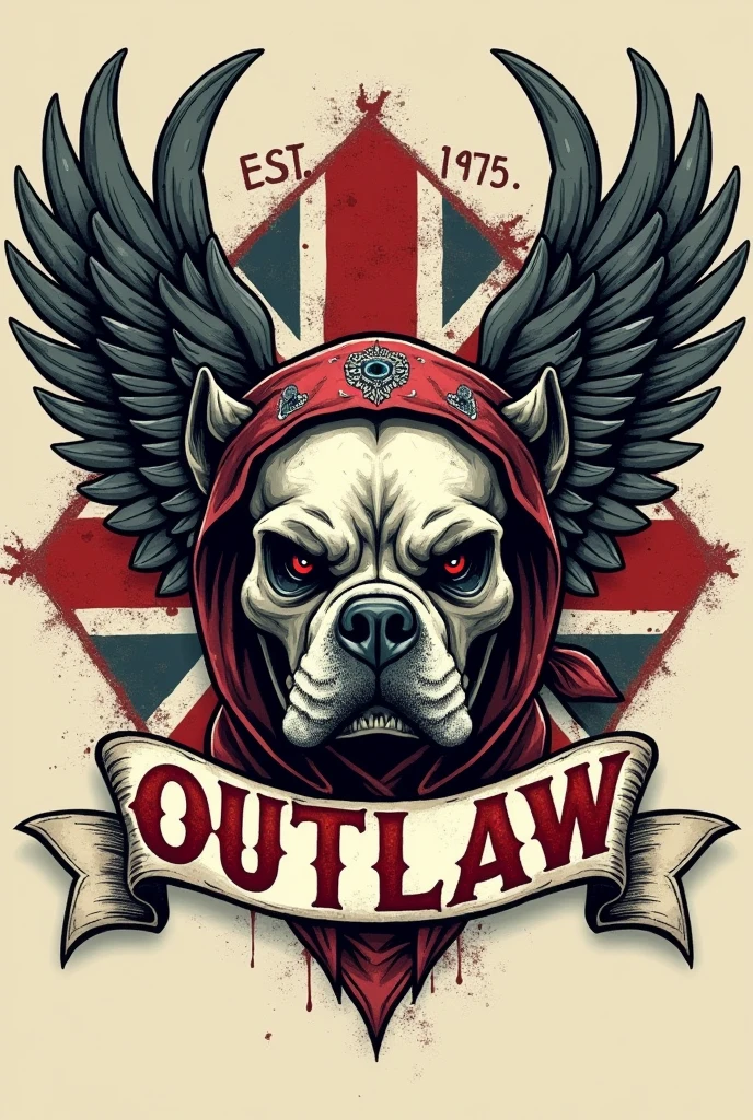 **T-Shirt Logo Design Prompt:**

Design a detailed and bold t-shirt logo in a tattoocore style with a vintage, rugged look. At the center of the design, place an intricately detailed skull of an angry British bulldog. The skull's jawline should be partially obscured by a tattered bandana adorned with a small, intricate paisley pattern, contributing to a rebellious, outlaw aesthetic. Behind the skull, depict a set of evil angel wings, detailed and slightly menacing.

The entire design should be framed within a distressed, vintage-style British flag starburst, which adds to the gritty, aged look. Above the skull, include a weathered, slightly curved banner with frayed edges that reads 'OUTLAW' in bold, capital letters. The lettering should be distressed to appear worn and rugged. Below the skull, mirror this with another upward-curving banner displaying 'est. 1975' in the same style.

Incorporate a grunge texture throughout the design, featuring cracked lines, faded areas, and uneven inking to emphasize a sense of age and wear. The overall aesthetic should resemble a classic biker emblem, with a hand-drawn, vintage tattoo art style. Add subtle shadowing to give the design depth and make it stand out, capturing a timeless, rebellious attitude. The final result should be a striking, memorable logo that embodies a rugged, outlaw spirit.