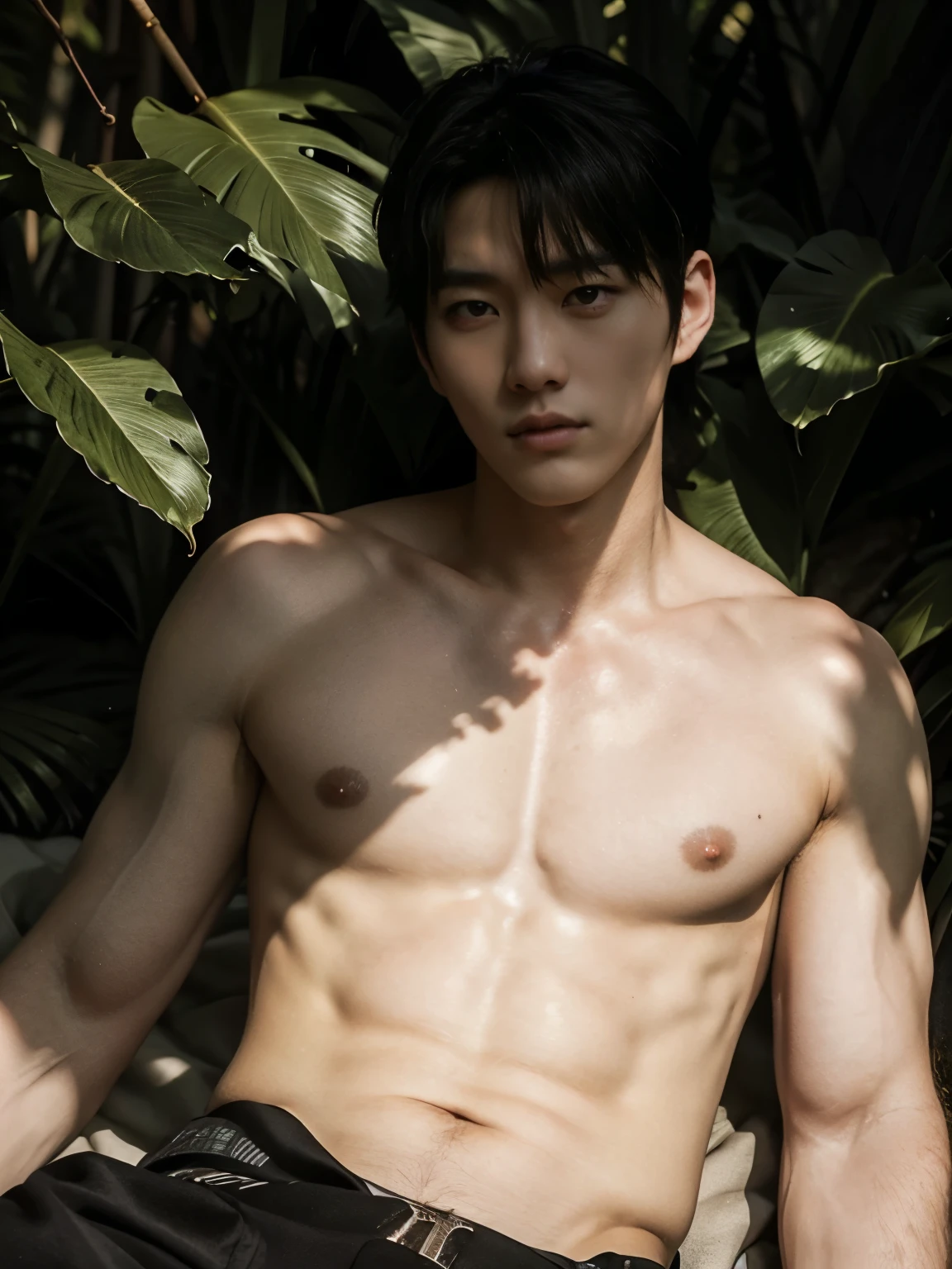 DETAILED FACE, DETAILED EYES, NAKED, HANDSOME, A Korean man, Slim body , Pale Asian skin, good eyes, Detailed body,massive bulge, Detailed face, Wearing nothing, leaf covering his dick, Bare body, Good outdoor lighting, A cool pose, Good expression , Sexy but cute, No beard, beautiful SCENERY, A handsome face like a K-pop idol, Topless