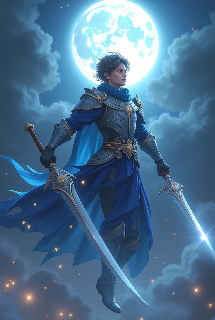 A Handsome Boy Age 17 Wear a silver Armor Sixpack,use A Long Blue Robe with Star and Moon Pattern,Messy Hair Hairstyle,Brown gradient Grey Hair,Carrying a Big Death Scythe And Big long Curved Sword with moon Ornament,Flying at The sky,Illuminated by the moonlight at night,And surrounded by nighttime fog