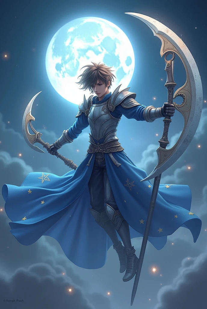 A Handsome Boy Age 17 Wear a silver Armor Sixpack,use A Long Blue Robe with Star and Moon Pattern,Messy Hair Hairstyle,Brown gradient Grey Hair,Carrying a Big Death Scythe And Big long Curved Sword with moon Ornament,Flying at The sky,Illuminated by the moonlight at night,And surrounded by nighttime fog
