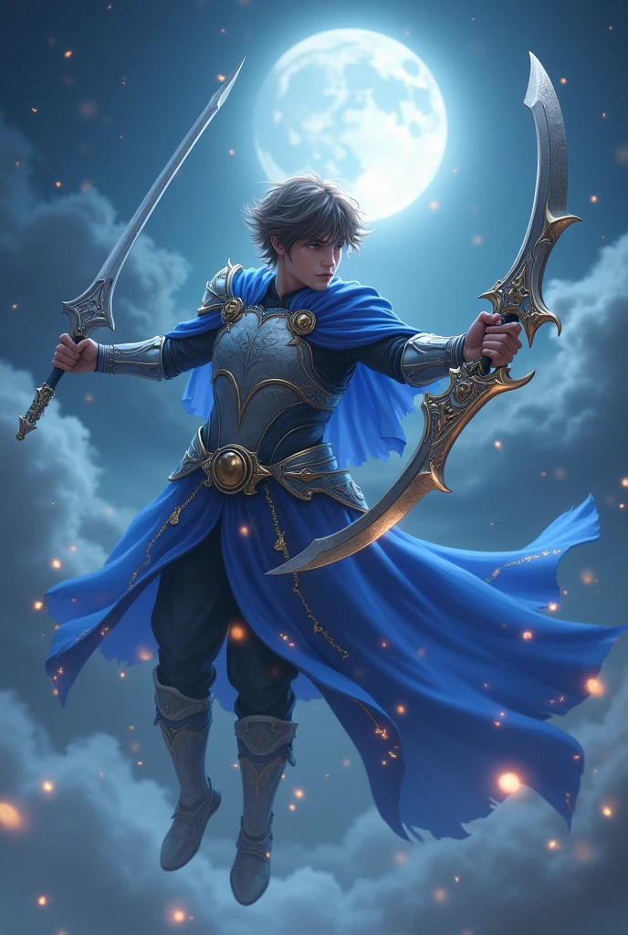 A Handsome Boy Age 17 Wear a silver Armor Sixpack,use A Long Blue Robe with Star and Moon Pattern,Messy Hair Hairstyle,Brown gradient Grey Hair,Carrying a Big Death Scythe And Big long Curved Sword with moon Ornament,Flying at The sky,Illuminated by the moonlight at night,And surrounded by nighttime fog