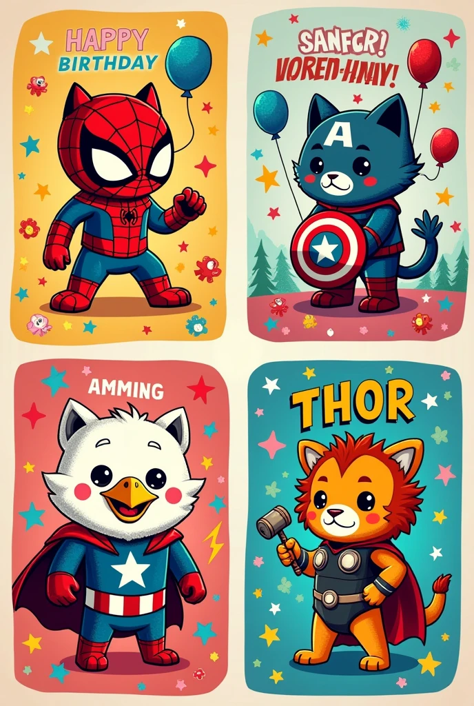 Design a set of playful and highly decorated birthday cards for kids featuring Marvel superheroes reimagined as adorable animals. Each card should show characters like Spider-Man as a clever spider, Iron Man as a sleek robotic cat, Captain America as a brave eagle with a star-shaped shield, and Thor as a mighty lion with a mini hammer. The cards should be filled with colorful, detailed decorations like stars, lightning bolts, and comic-style speech bubbles, with the animals in dynamic poses. Include fun, bold birthday messages in lively, cartoonish fonts, surrounded by festive elements like balloons, confetti, and streamers to create a joyful and engaging experience for young animal and superhero fans alike