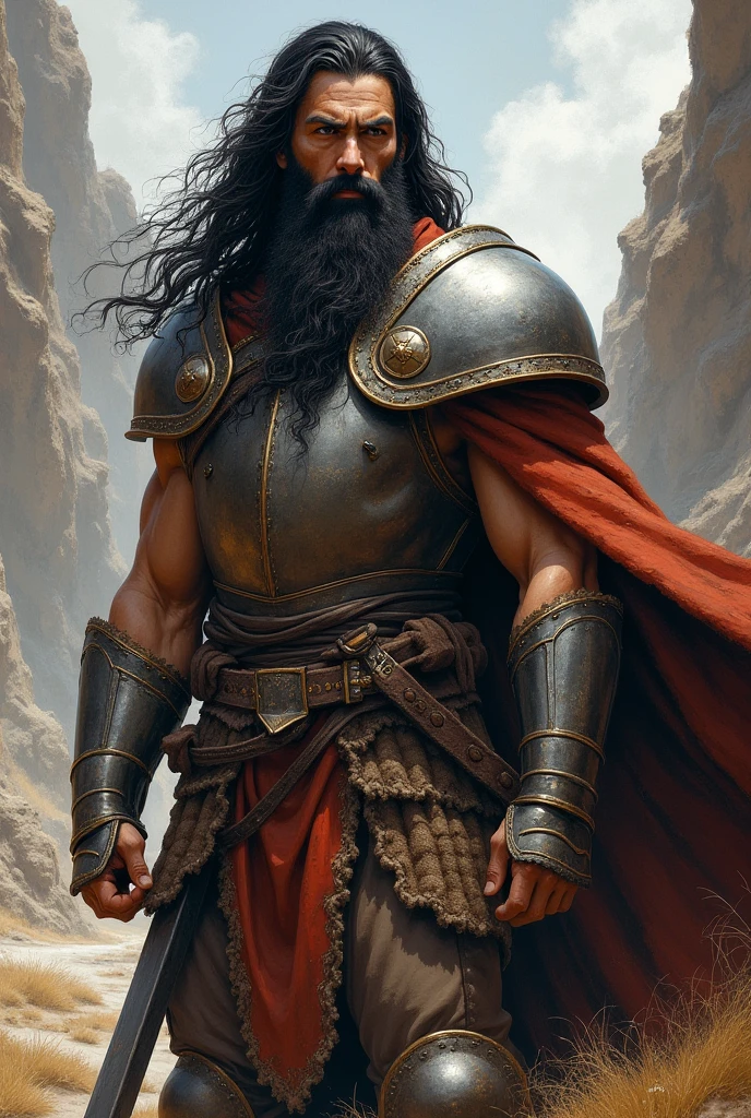 Create a painting of a young medieval warrior with a long beard and long black hair, strong and muscular and serious