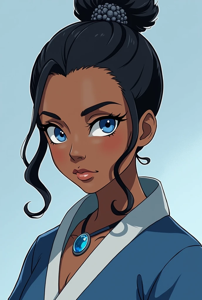 Avatar Korra from "the legend of korra" wearing an air nomad's robe, black eyeliner around the eyes, light blue lipstick on the lips, hair tied in a bun with a black stone flower securing the hairstyle, anime styling, black female, Age of Avatar, darkskin, blue colored eyes, make-up, blue jewel necklace.