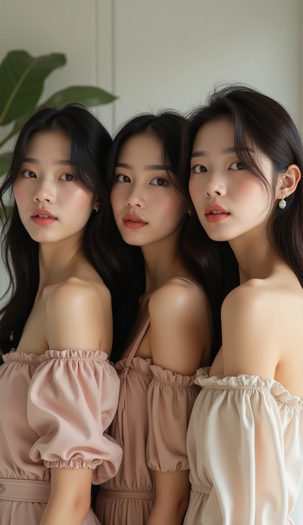 Three Asian women taking a photo in a room, Ulzzang, Three sisters looking in the mirror, 8k)), Popular Korean makeup, Profile picture, beautiful girl, 8k 自撮り写真, Cute - Nice - Face, Popular Korean makeup, Shishion Wu, pretty girl, Korean, avatar Profile picture, sakimichan, very high quality, Surreal Realism, Super polished, high quality, 8k解像度, Diverse styles, Exposing shoulders without exposing breasts,