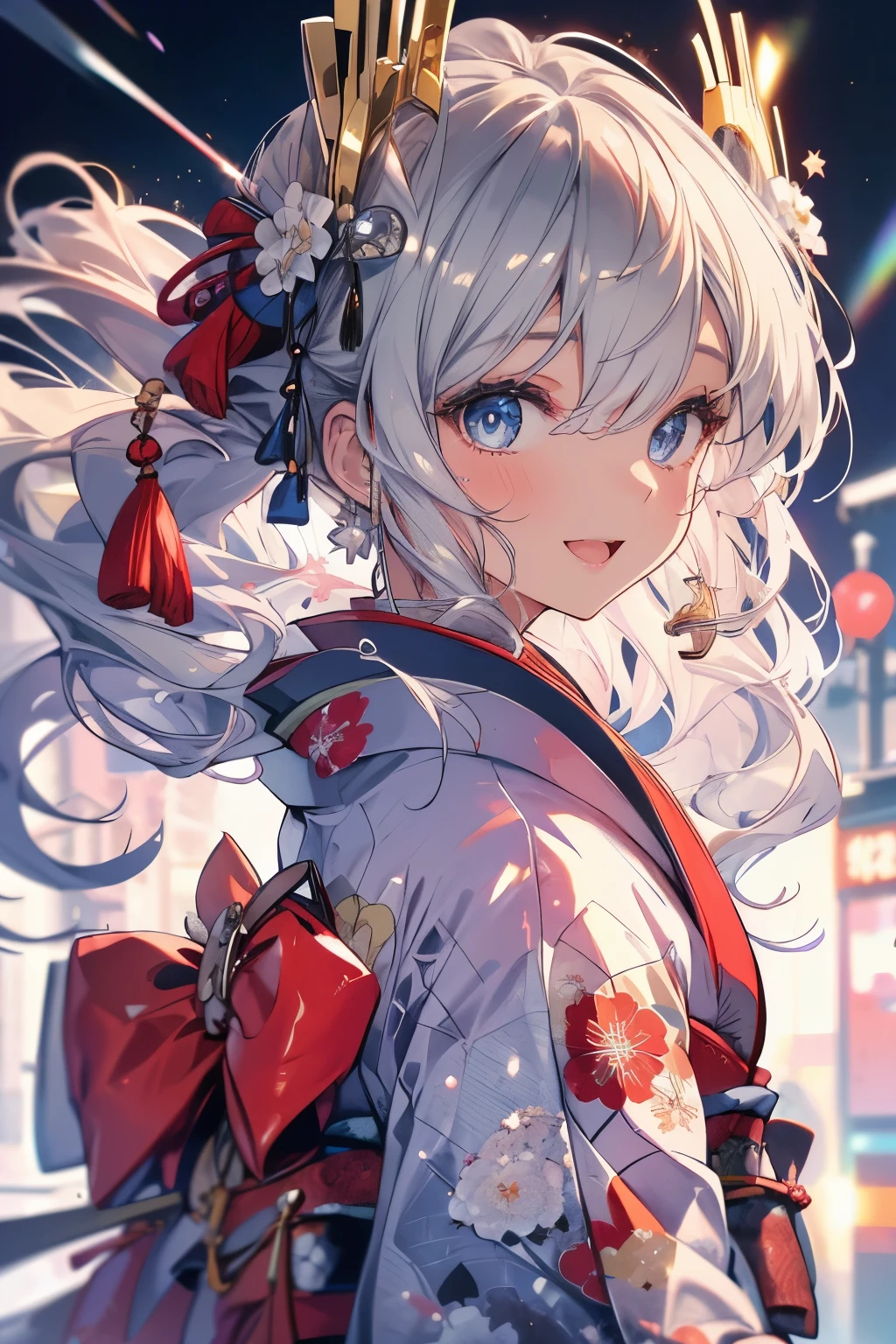 (Best quality,4K,8K,High resolution,Masterpiece:1.2),Super detailed,(Actual, Realistic),highly detailed, top quality, soft skin,Portrait,
break,
((clear blue eyes:1.2)),smiling eyes,beautiful eyelashes,beautiful lower eyelashes,
break,
((Beautiful and shiny silver hair:1.3)),A dazzling smile, a bursting smile, an open mouth laugh,
break,
very happily,
break,
((kimono:1.3)),
break,
Togenkyo,Gion