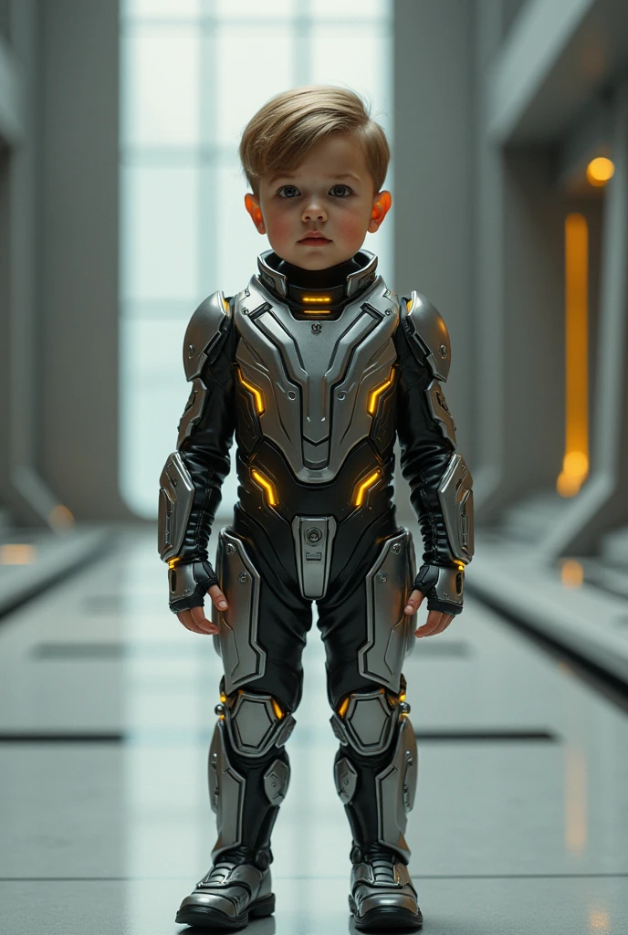 A full-body photography of really very handsome cute white short and thin blonde-haired boy. The boy is standing up straight and his body is facing forward. His eyes are sparkling. He is wearing tight short sleeve glowing orange smooth skin rubber swimsuit. He also wears thick shock collar. Behind him are two futuristic police robots which are going to arrest him.