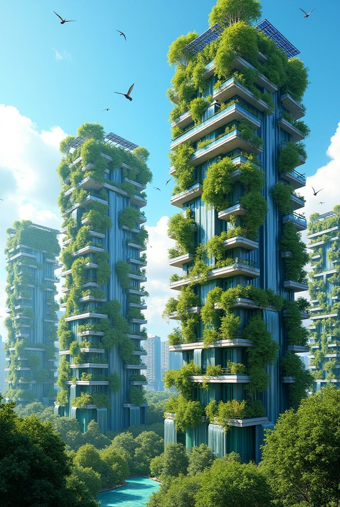 Skyscrapers with balconies and trees and plants growing on them, blue sky with birds, Solar panels on the roofs Waterfalls flowing down the walls of houses, Vegetable and fruit gardens on balconies and terraces