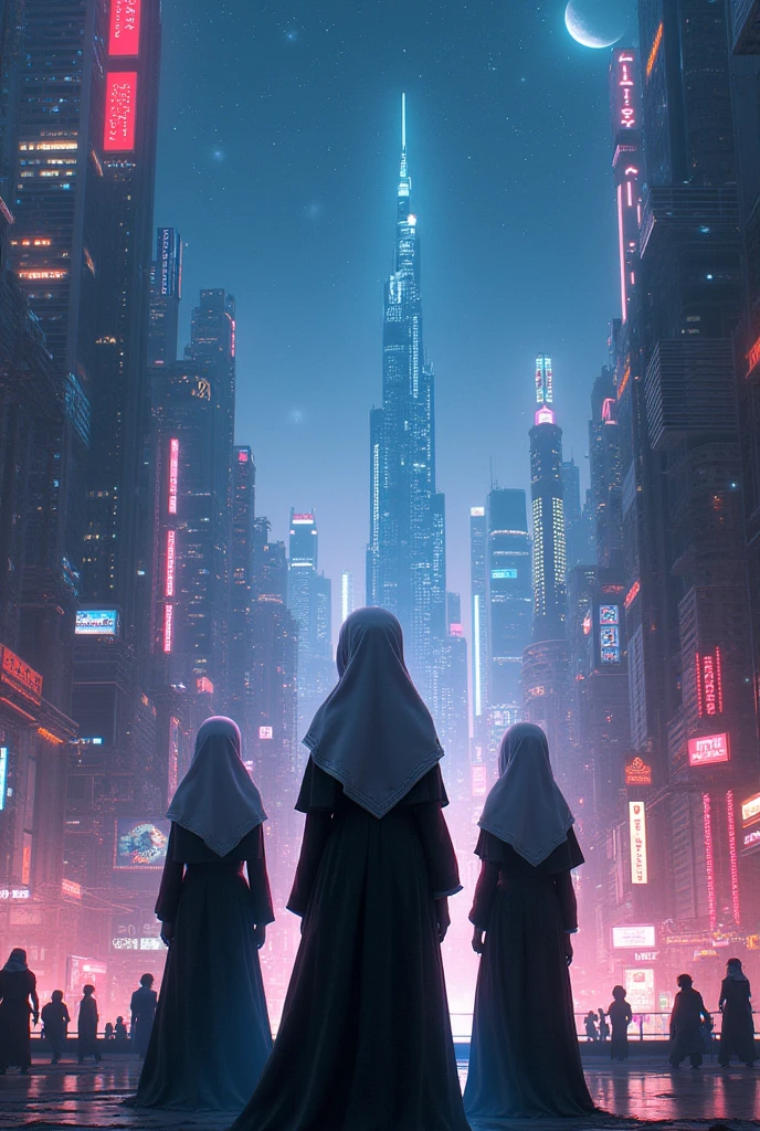 Beutiful city, like a cyber city, stars in sky ,girls wearing hijab and standing