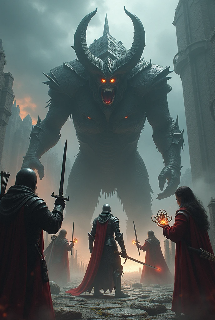 Create a medieval wallpaper with a Knight facing a Demon, an Archer behind this knight, a Mage with a rune in his hand behind the archer and another Mage in the rear